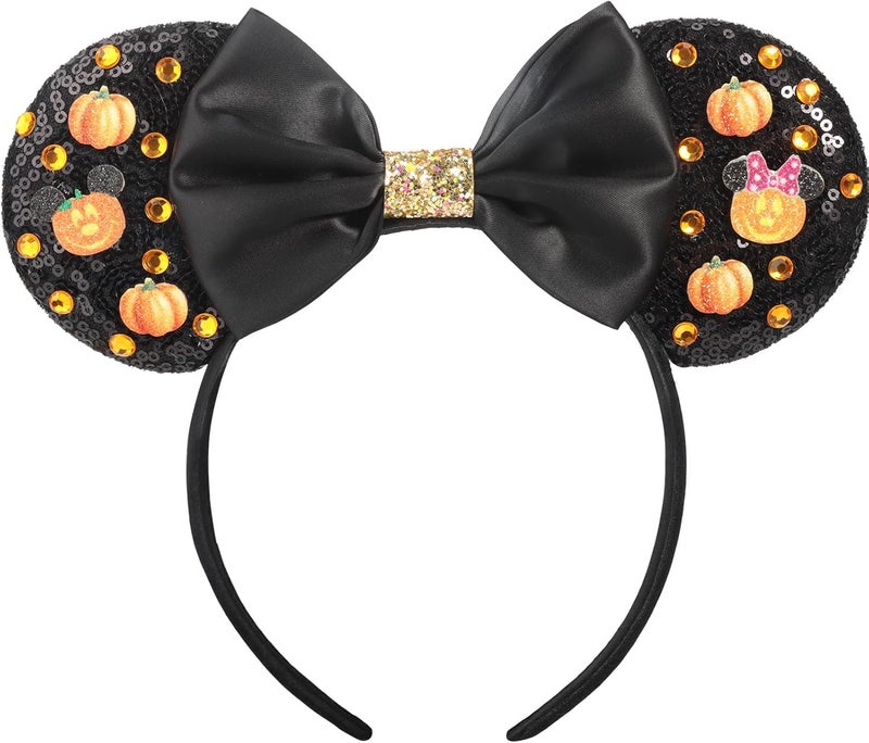 ETLUK Halloween Headband with Pumpkin & Orange Acrylic Rhinestones, Sparkly Sequin Bow Halloween Mouse Ears Accessories for Women, Girls, Adults - Image 1